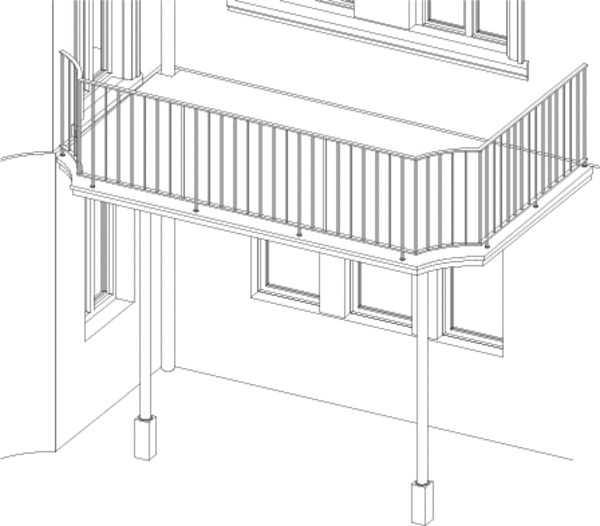 Axonometrie Balkon Stahlstützen vorfabriziertes Betonelement Staketengelaender