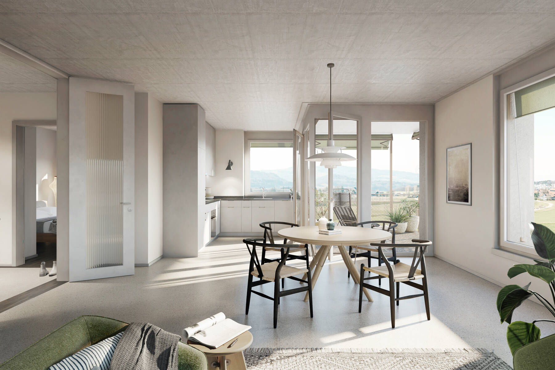 Wohnzimmer mit integrierter Kueche und Sichtbetondecken Mehrfamilienhaus Uitikon Visualisierung©Businessimages
