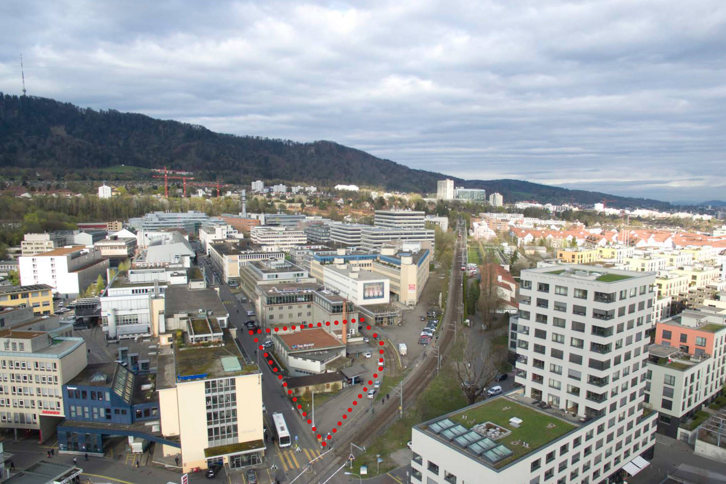 Luftaufnahme Machbarkeitsstudie Büro- und Gewerbehaus Binz Zürich