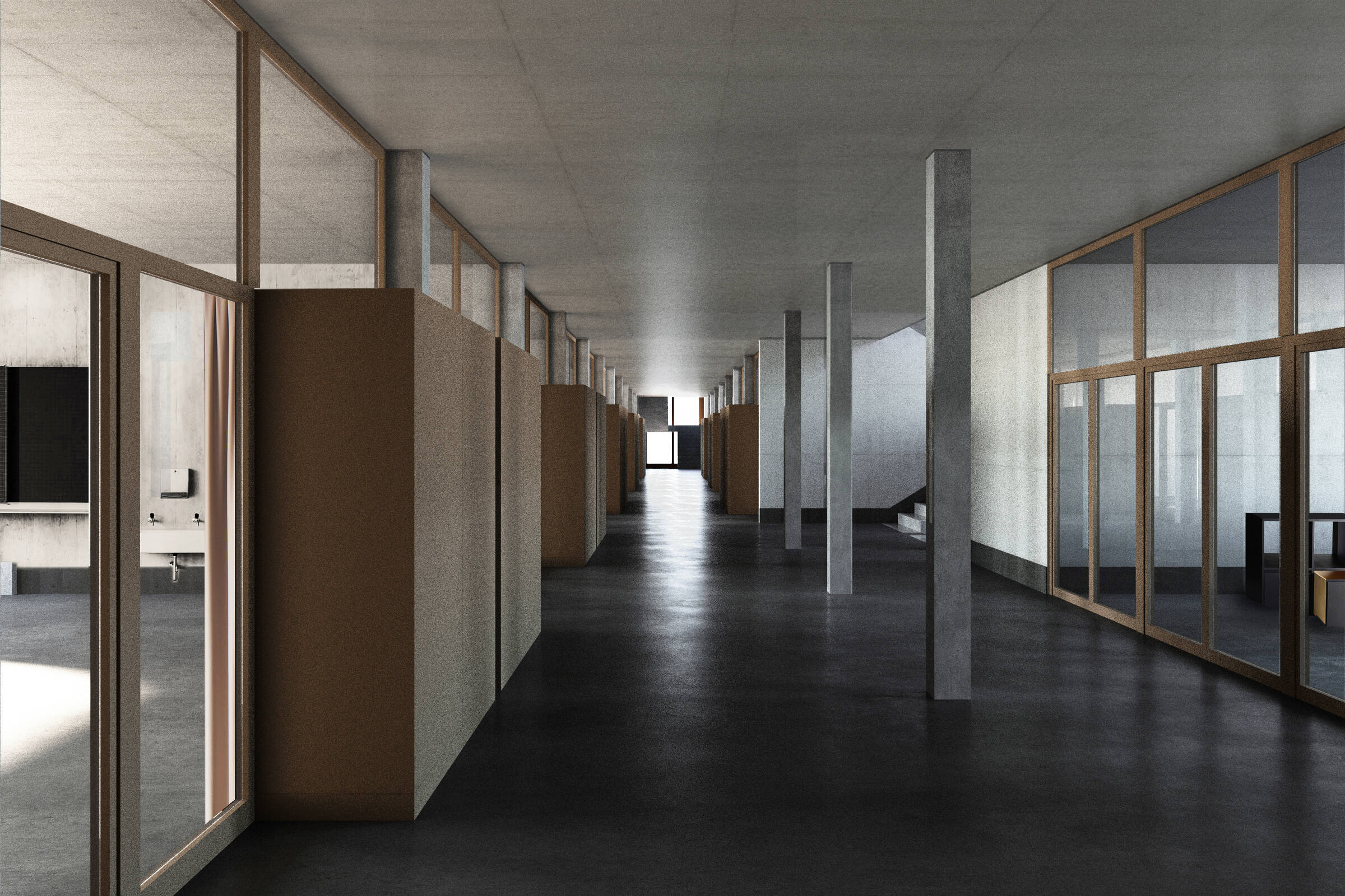 Schulhaus Baugewerbliche Berufsschule Zürich Korridor mit Begegnungszone