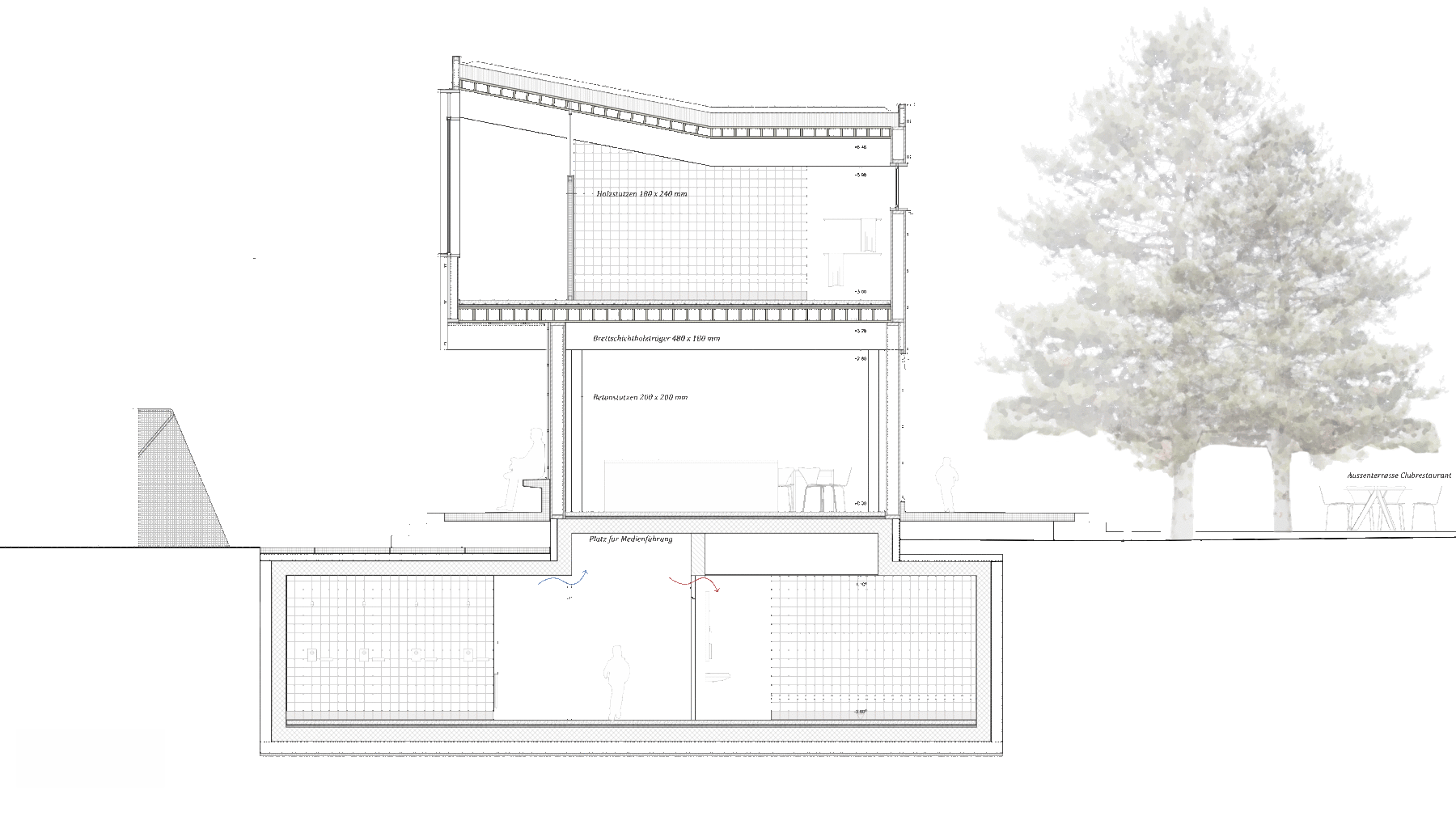 Konstruktionsschnitt Wettbewerb Garderoben- und Clubgebäude Hönggerberg Zürich mit Holzbaubüro Reusser