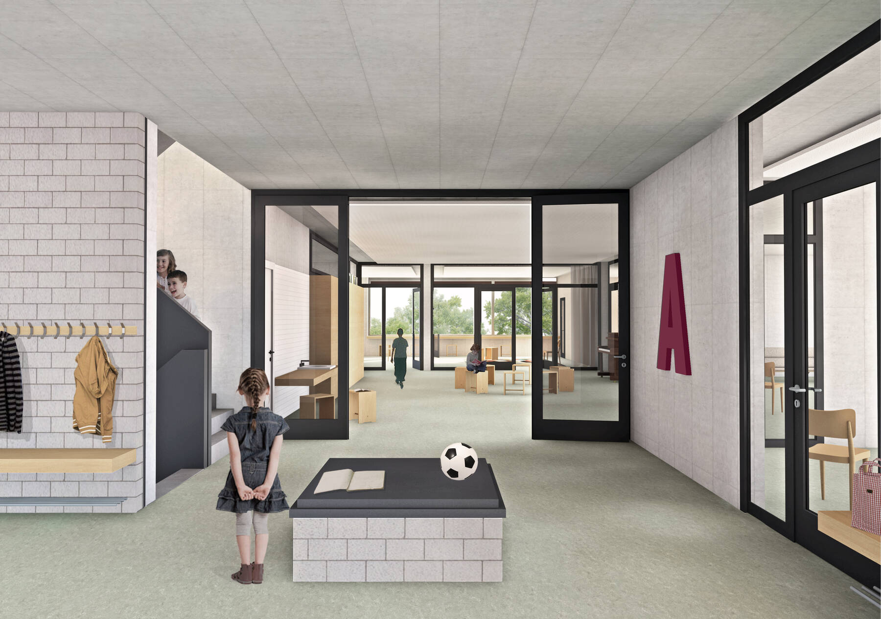 Innenraum Visualisierung Schulhaus Borrweg, offene Raumfigur als Begegnungszone zwischen den Schulzimmern