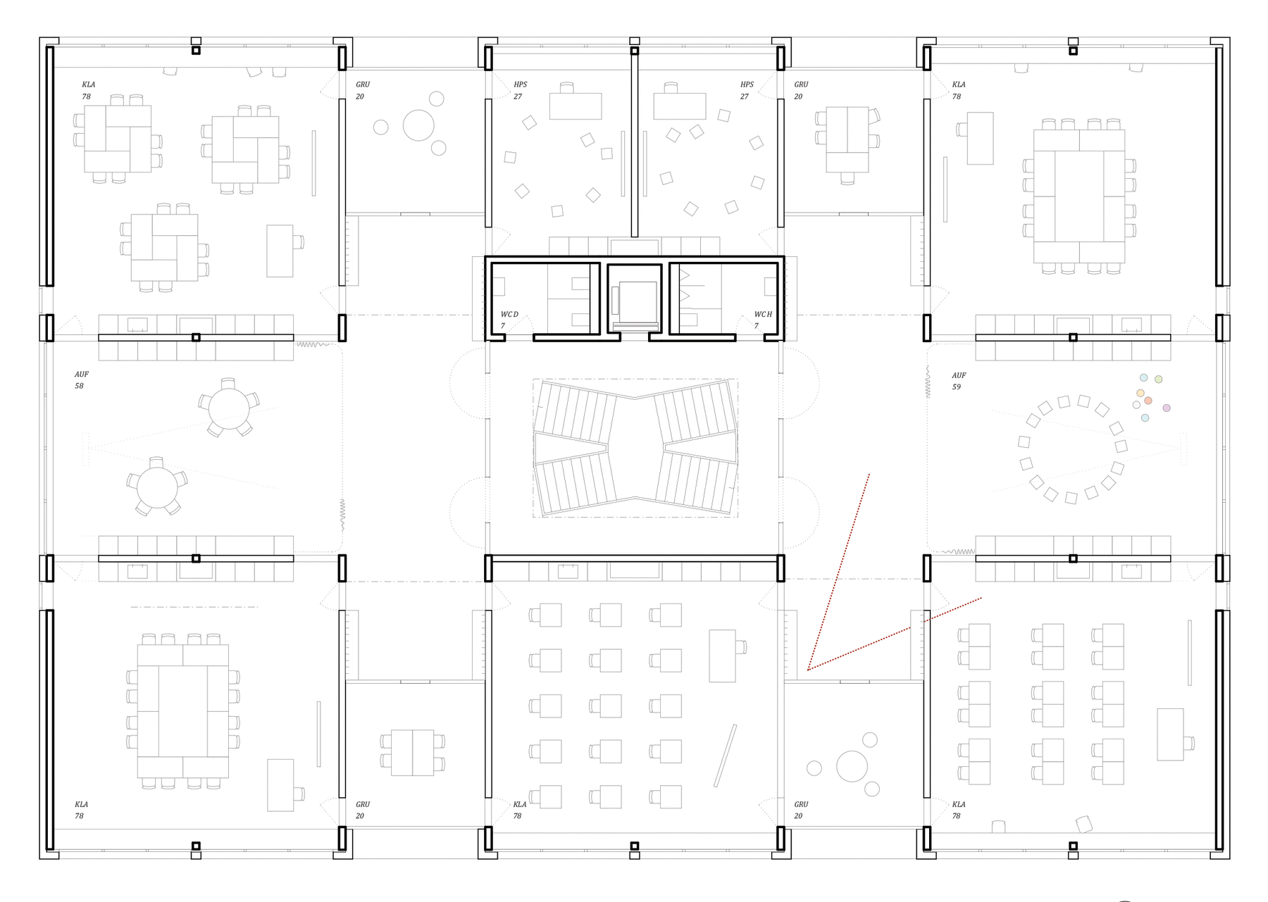 Grundriss zwei Cluster mit Schulzimmern und Gruppenräumen Wettbewerb Schulhaus Zentrum Diessenhofen
