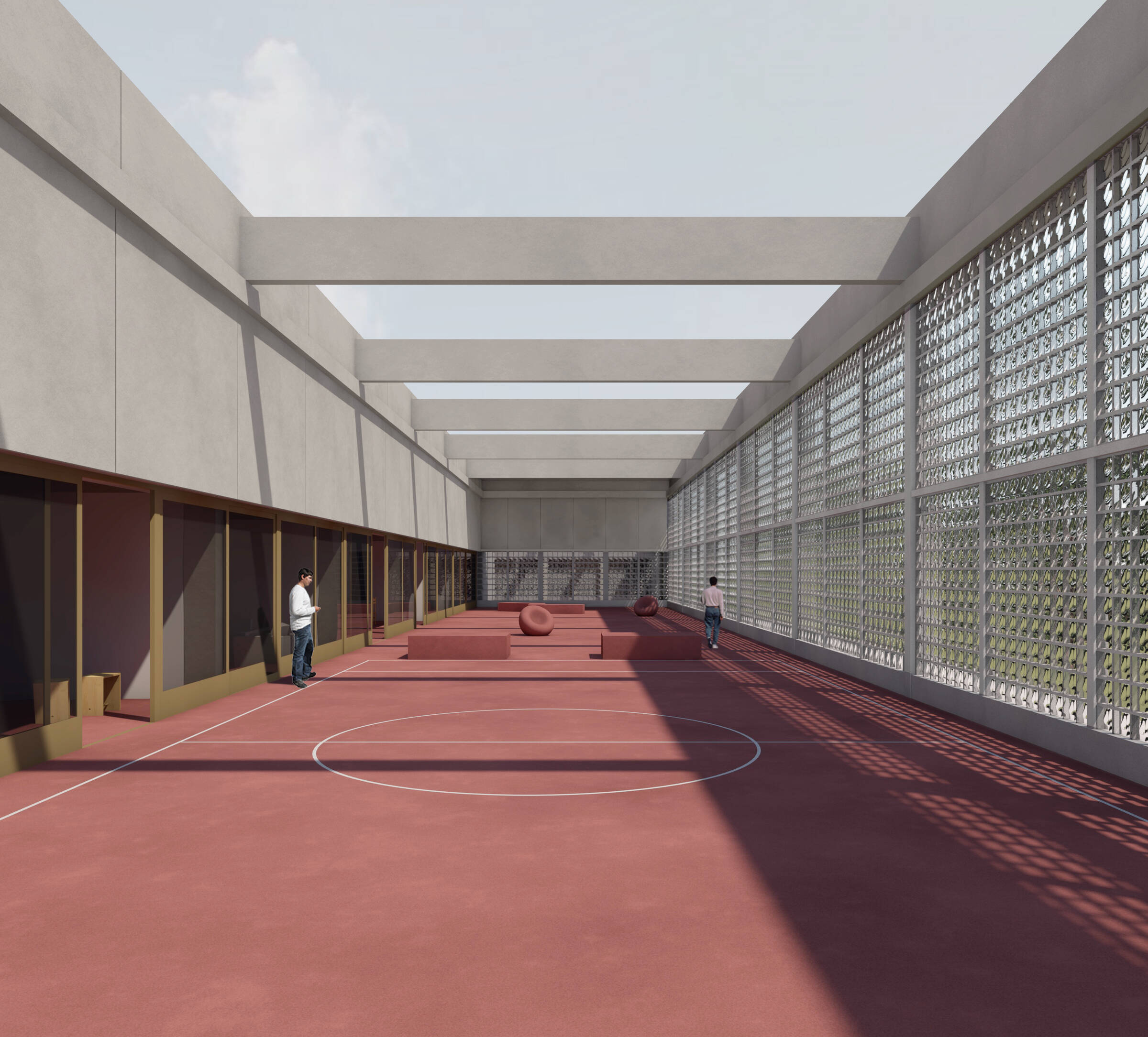Visualisierung Traxel Architekten Spazierhof mit rotem Boden